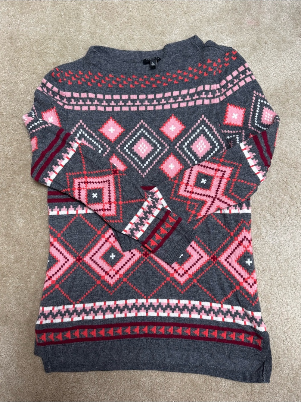 Talbots Sz S Petite Gray Sweater with Pink and Red Fair Isle Pattern